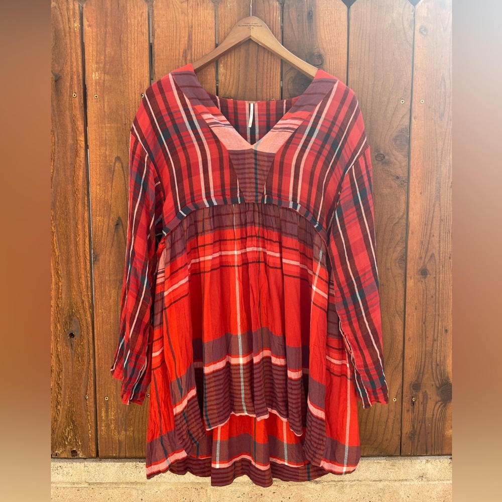 Free People Red Plaid Boho Prairie Dress